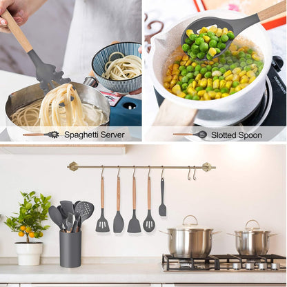 LIANYU 15-Piece Kitchen Silicone Cooking Utensils Set with Holder, Wooden Handle Tools in Black Gray