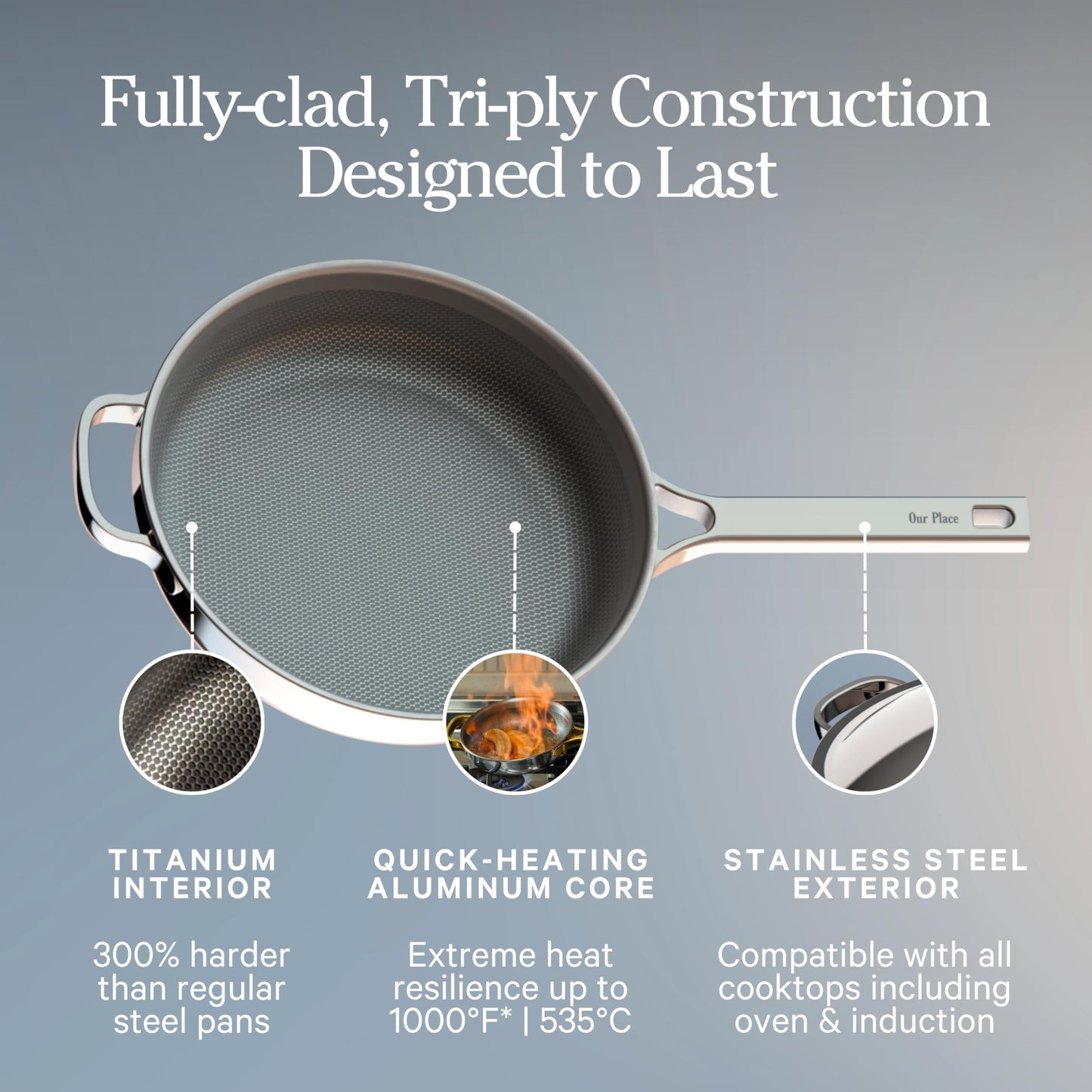 Our Place Titanium Always Pan Pro | 10.6" PFAS-Free Nonstick Frying Pan with Spatula | Chef-Grade Tri-Ply Stainless Steel & Aluminum Build | Induction & Oven-Safe up to 1000°F | Chrome