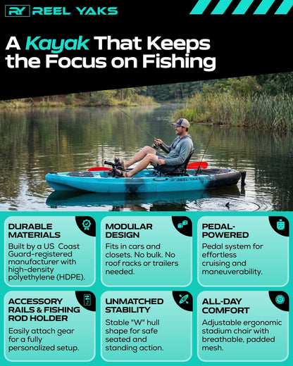 Reel Yaks 10.8ft Rapido Propeller Drive Fishing Kayak, Modular Sit-On-Top Kayak with Hands-Free Pedal Drive, Compact, Lightweight, Easy Assembly, Customizable - 400 lbs Capacity, Blue Black Camo