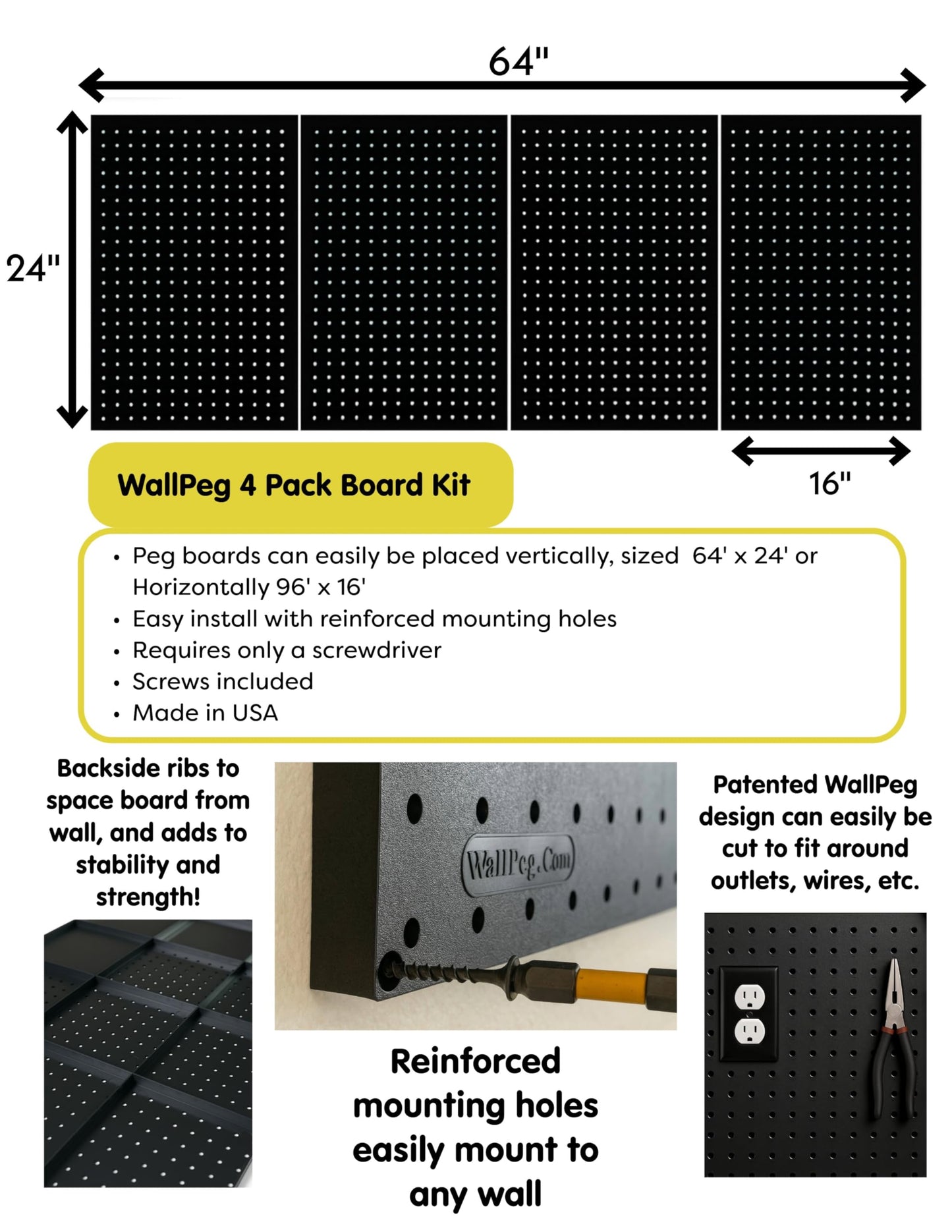 WallPeg Pegboard Kit - 4 Each 24"x16" Peg Board Panels - Made in USA - Mounted Size is 64" x 24" Pegboards Wall Organizer for Walls Home, Garage Tool Storage, Office Organization, Kitchen, Craft Room