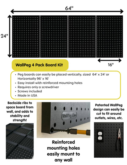 WallPeg Pegboard Kit - 4 Each 24"x16" Peg Board Panels - Made in USA - Mounted Size is 64" x 24" Pegboards Wall Organizer for Walls Home, Garage Tool Storage, Office Organization, Kitchen, Craft Room