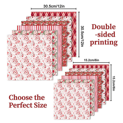 MerwDeeyt Scrapbook Paper 12x12 In and 6x6 In Pack, 48 Sheets Decorative Paper Double Sided Patterned Craft Paper for Scrapbooking Card Making Journaling Decor (Red)