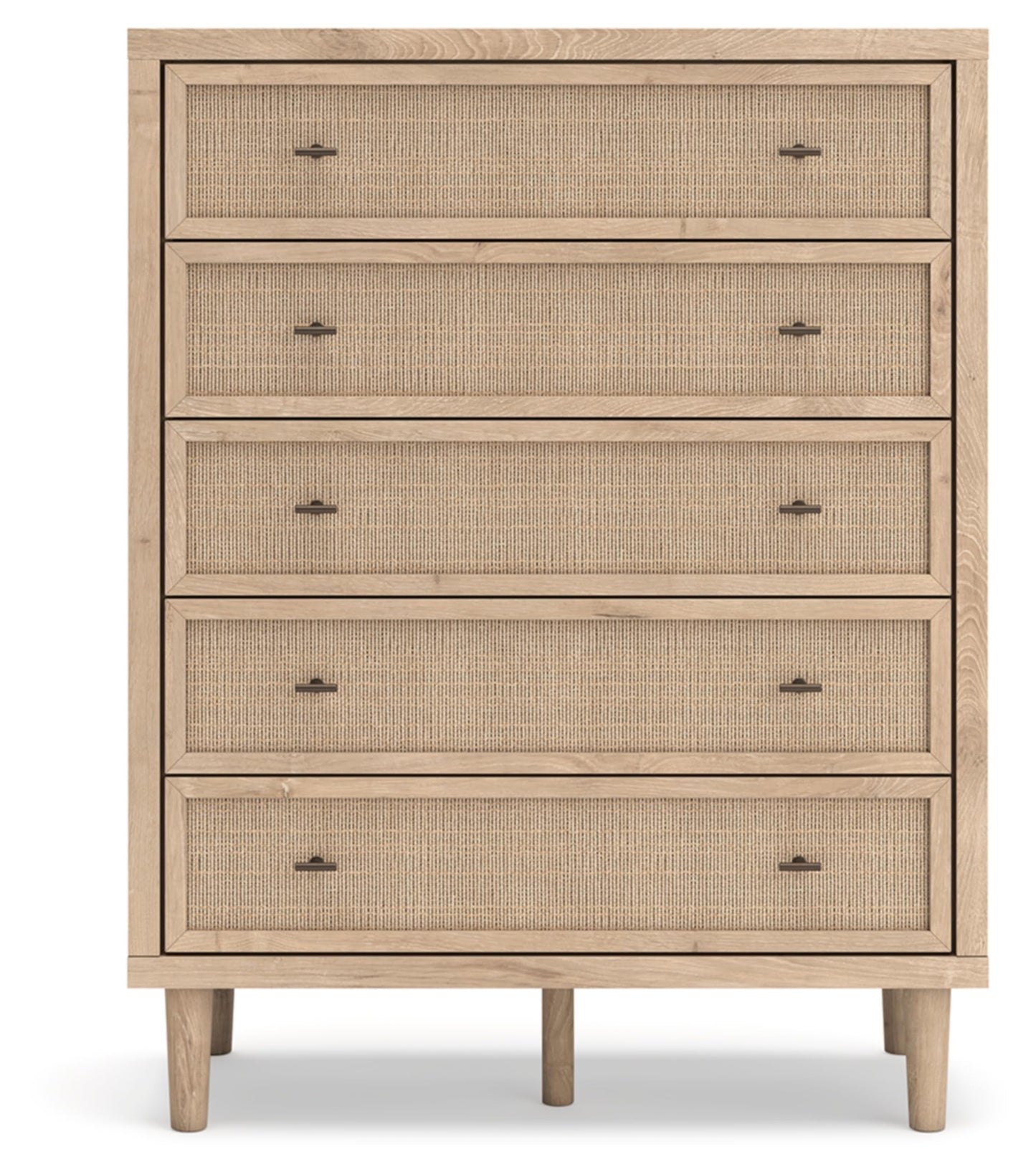 Signature Design by Ashley Cielden Contemporary Chest of Drawers with Textured Cane Details and 5 Drawers, Bronze Knobs, Wood, 52.48" High, Light Brown