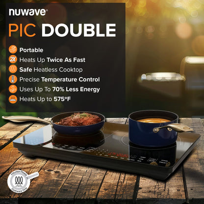 Nuwave Double Pro Cooktop Induction Countertop Burner, Portable, 900/1500/1800W with Dynamic Watt Technology, 50°F to 575°F, 8” Heating Coil, Shatter-Proof Ceramic Glass, Seamless IMD Touch Panel