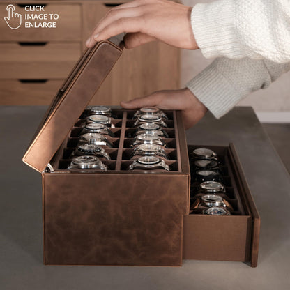 TAWBURY 24 Slot Watch Box for Men - Extra Large Watch Case with Double-Layer Design for Optimized Storage | Removable Drawer for Easy Handling (Brown)