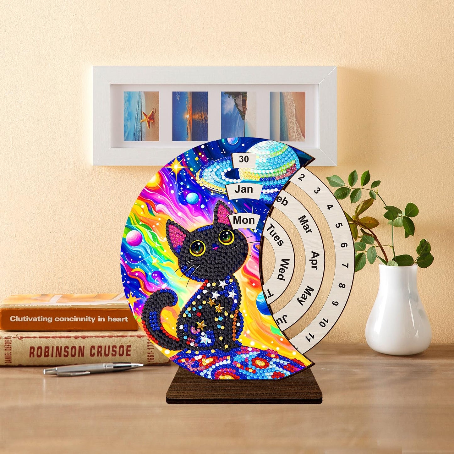 F-CANLAN 5D Diamond Painting Decorations Ornaments - Black Cat Calendar Decorated Desktop Diamond Painting with Gem Cat Calendar Decorated Desktop Paint with Diamonds for Room Decor (19X18 CM)