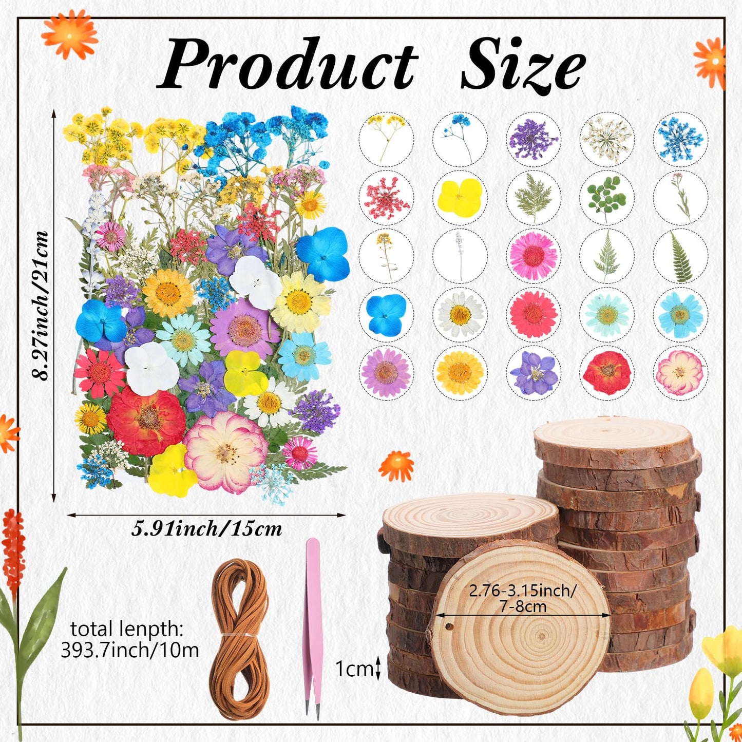 Maasechs 20 Set Spring DIY Wooden Crafts with Dried Pressed Flowers Leaves Unfinished Wood Slices Hanging Ornaments for Art Project Craft Wedding Home Decoration Gifts(Vivid)