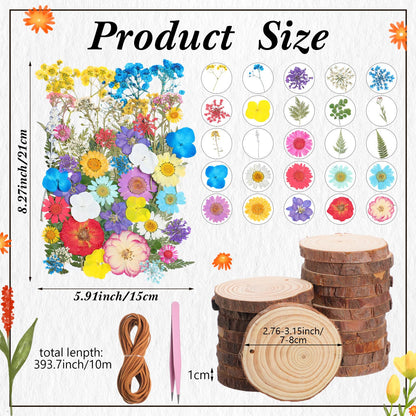 Maasechs 20 Set Spring DIY Wooden Crafts with Dried Pressed Flowers Leaves Unfinished Wood Slices Hanging Ornaments for Art Project Craft Wedding Home Decoration Gifts(Vivid)