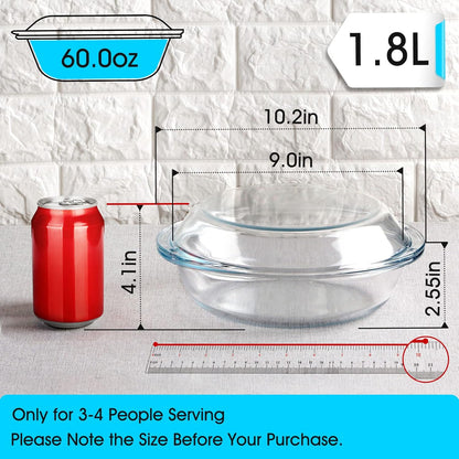 Mini 9 Inch Round Glass Casserole Dish with Glass Lid, Oven Safe Bakeware with Handles (1.9 QT)