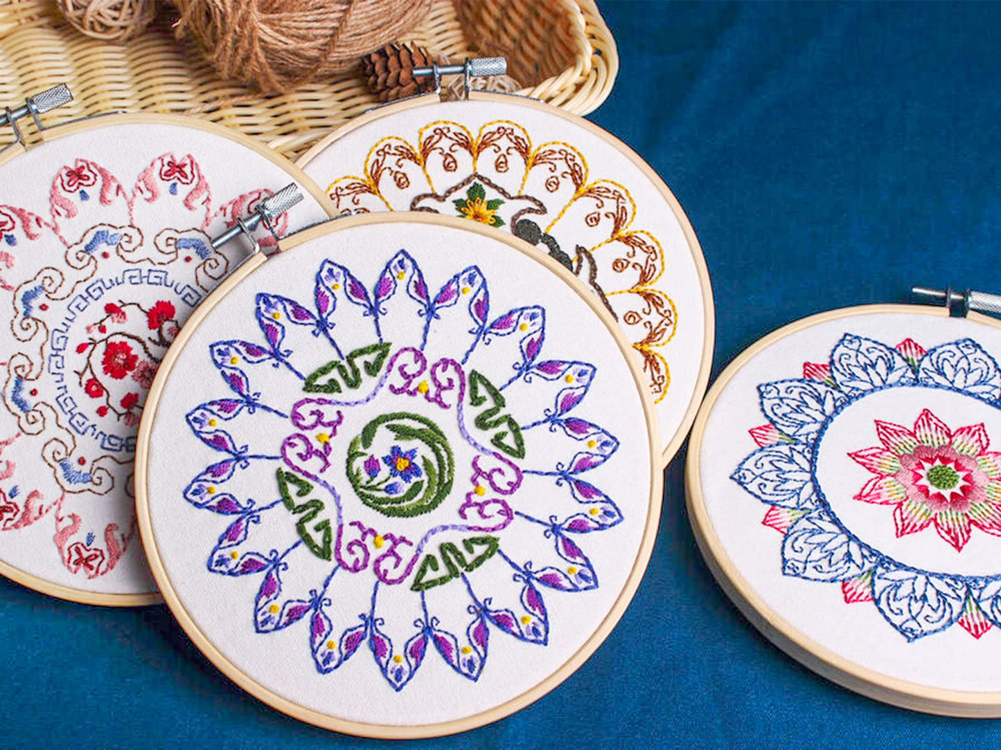 Whaline 4 Mandala Embroidery Starter Kit with Instruction Plum Blossom Chrysanthemum Orchid Lotus Needlepoint Cross Stitch Kit with Embroidery Hoop Threads Needle Scissors for Beginners DIY Craft