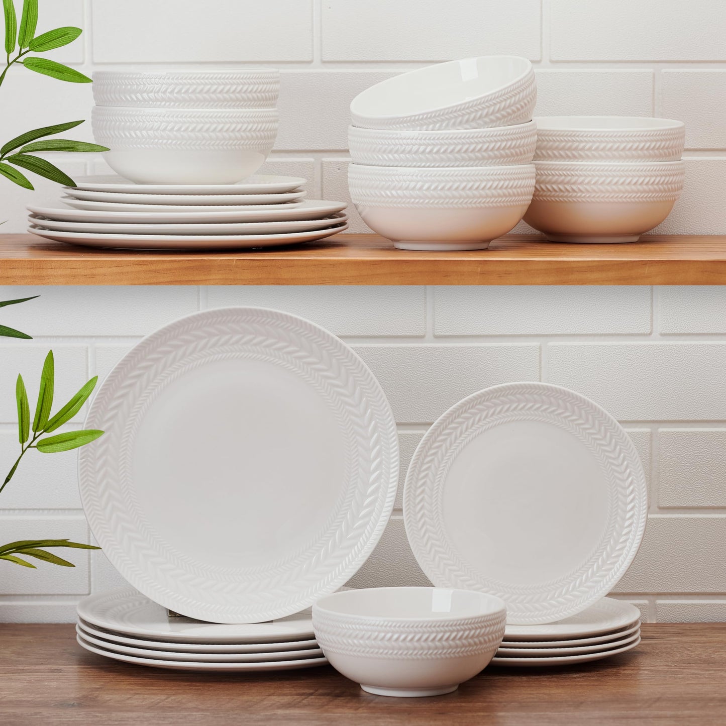 Pfaltzgraff Josephine 24-Piece Dinnerware Set, Porcelain Dish Set with Embossed Basket Weave Design, Service for 8, White Plates and Bowls Sets, Microwave and Dishwasher Safe
