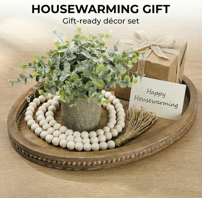 16" 11.8" 58" x Oval Wood Decorative Tray with Bead Garland, Farmhouse Coffee Table & Kitchen Island Dcor, Rustic Brown