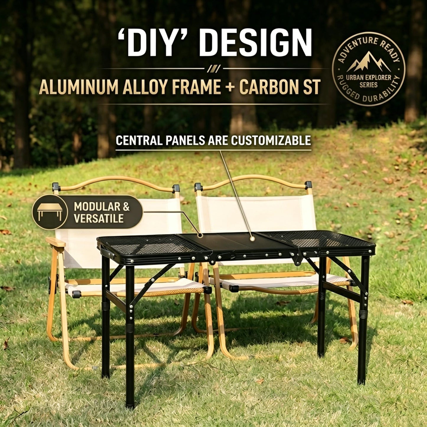Portable Folding Aluminum Camping Table — IGT-Compatible Modular Camp Kitchen Table, Carbon Steel Mesh Top with Tactical Hooks & Carry Bag, for Camping Picnic Tailgating BBQ Outdoor Cooking