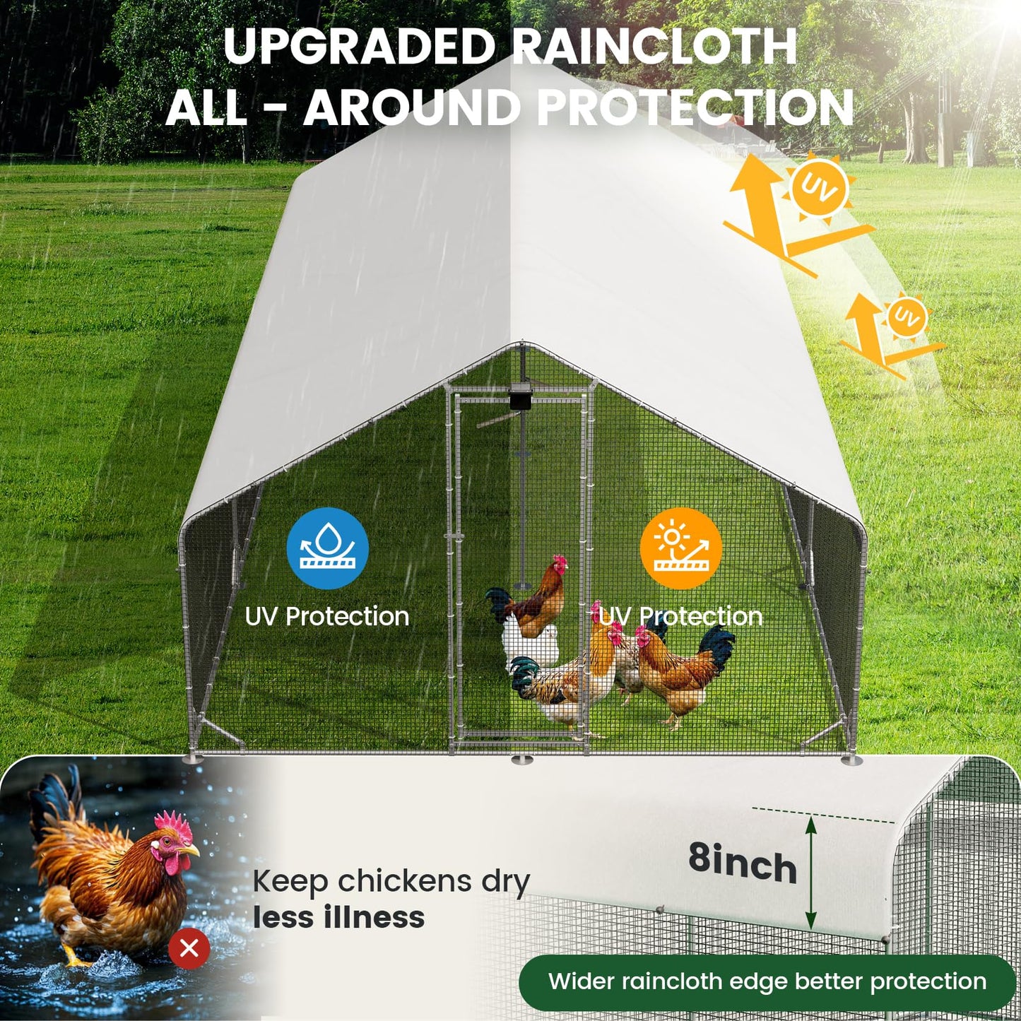 Large Walk-in Metal Chicken Coop with Chicken Run & Hardware Cloth, Solar Light, Waterproof & UV-Resistant Cover, Outdoor Poultry Cage for Farm Use, 3 Room