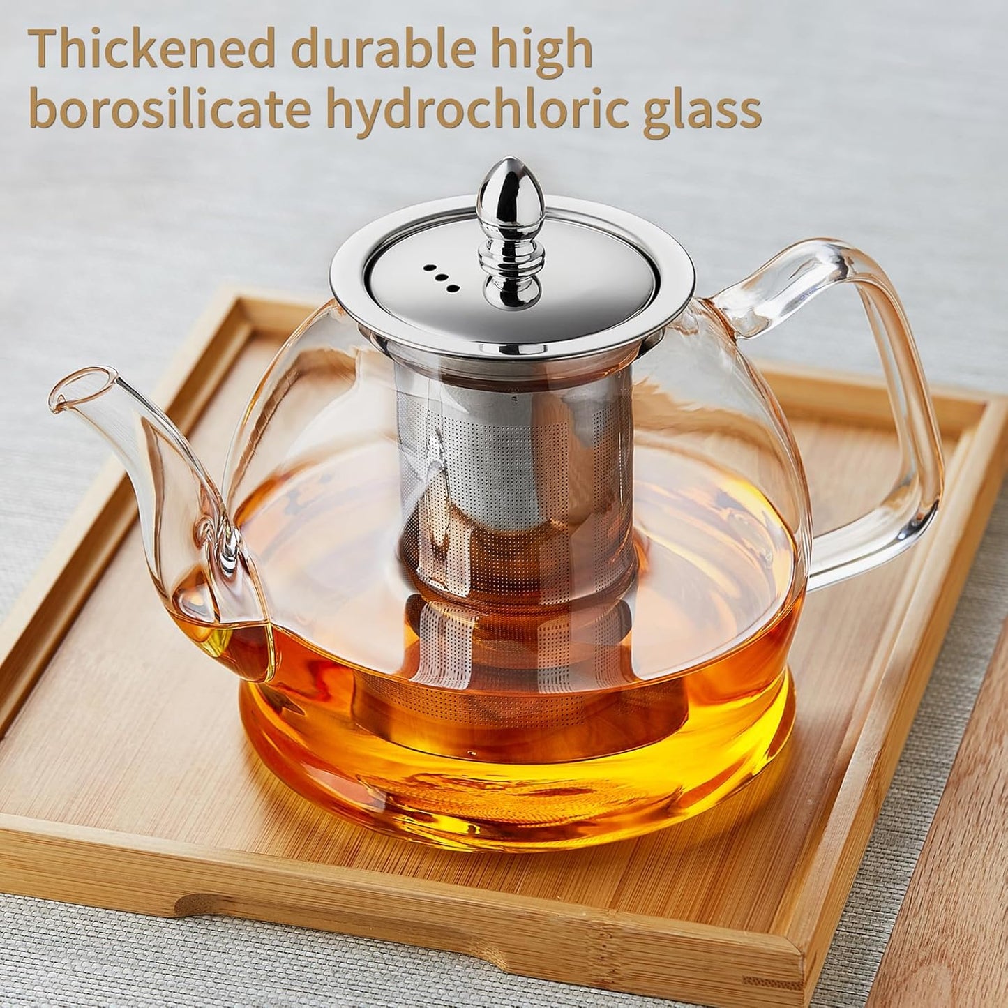 Glass Teapot, Stovetop Safe 34oz Borosilicate Kettle with Loose Leaf Tea Strainer for Blooming Tea
