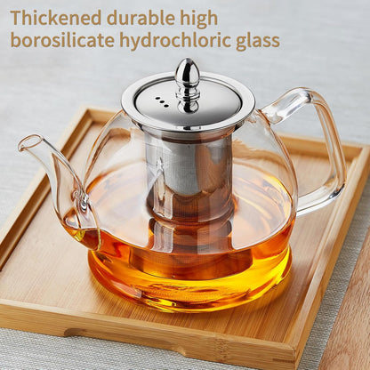 Glass Teapot, Stovetop Safe 34oz Borosilicate Kettle with Loose Leaf Tea Strainer for Blooming Tea