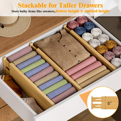 Ryqtop Bamboo Drawer Dividers,12-21" Adjustable Drawer Organizers for Clothes,Expandable Dresser Separators in Kitchen/Bedroom/Bathroom/Vanity/Office Organization and Storage,4-Pack
