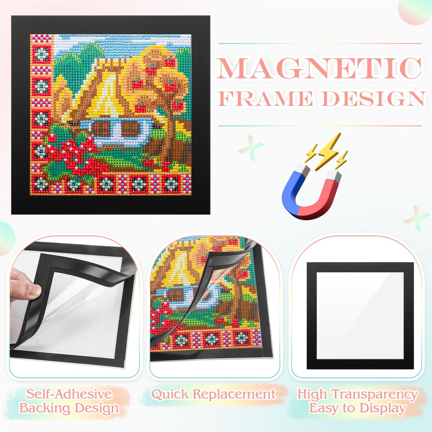 Harloon 12 Pcs Diamond Art Frames Magnetic 6 x 6 Inch Diamond Art Frames Self Adhesive Picture Frame magnetic frame for Painting Pictures Canvas Room Wall Window Door Decorations Accessories, Black