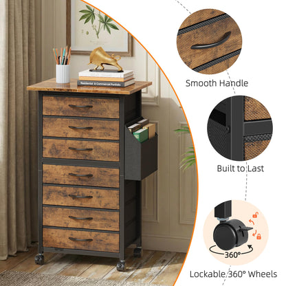 HIGDBFE 7 Fabric Drawers File Cabinet with Side Pocket, Rolling Printer Stand with Storage for Home Office, Wood Top Storage Cabinet for Documents and Crafts, Rustic Brown, 15" D