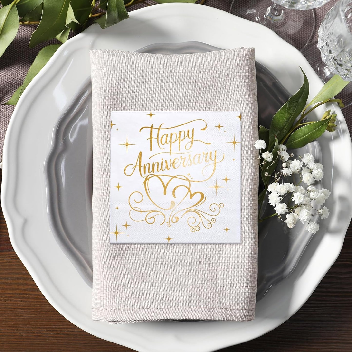25Pcs 3-Ply 25th 50th 5 5 LeZakaa Happy Anniversary Paper Napkin, Gold Foil Cocktail Beverage Bar Square Disposable