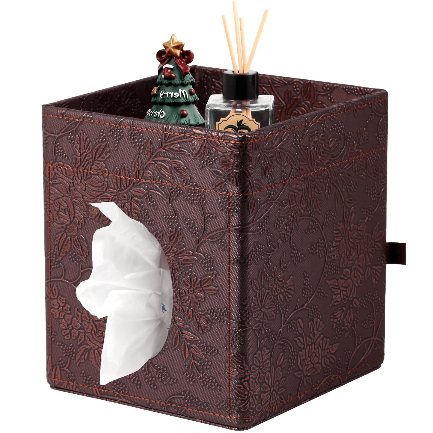 Lorteme Tissue Box Cover, PU Leather Square Tissue Box Holder with Upper Storage Tray for Bathroom/Countertop/Nightstand/Office Table - Antique