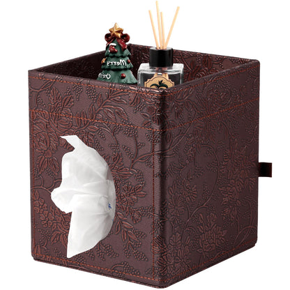 Lorteme Tissue Box Cover, PU Leather Square Tissue Box Holder with Upper Storage Tray for Bathroom/Countertop/Nightstand/Office Table - Antique