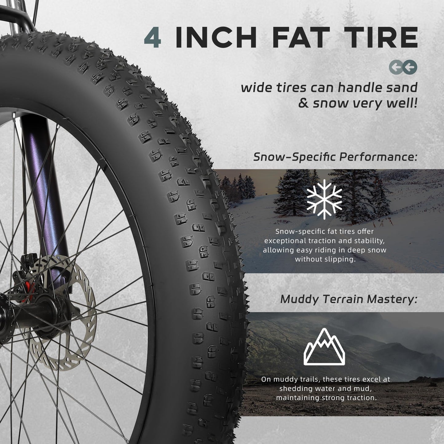 Outroad Mountain Bike Fat Tire with 4-Inch Tire 26 inch Wheels, 21 Speed with High Carbon Steel Frame, Double Disc Brake and Front Suspension Anti-Slip Bikes, Purple