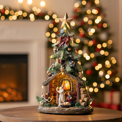 12'' VISFLAIR Christmas Tree Lighted Manger Nativity Scene, Musical Holy Family Collectible Buildings Figurines LED