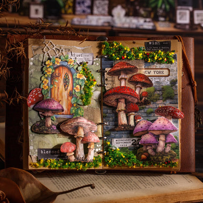 Moriquill 150PCS Mushroom & Text Label Stickers Set, Retro Botanical Specimen Die-Cut Pack – Writable White Kraft, Peel & Stick for Scrapbooking Journals Collage DIY Crafts Décor