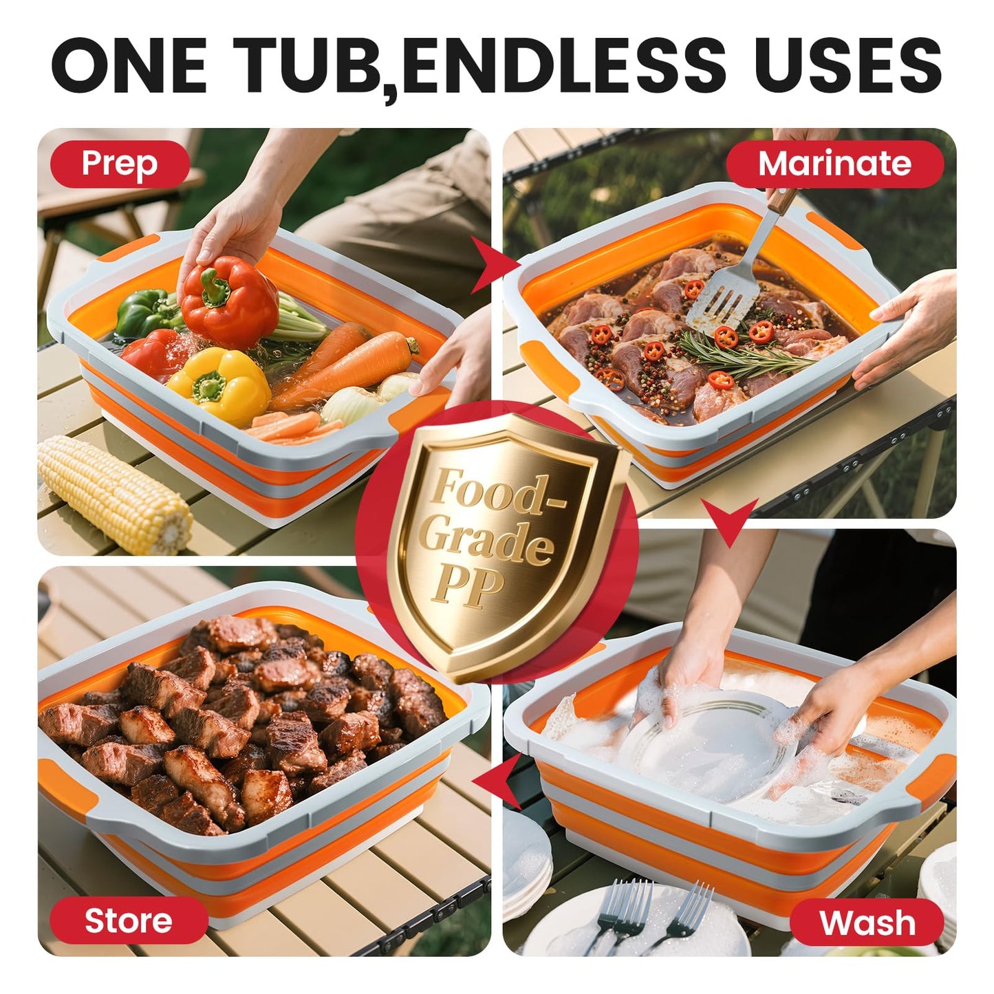BBQ Prep Tub 3-IN-1 Large 16L Collapsible Cutting Board with Locking Lid for Meal Prep Marinating Food, Camping Sink with Colander, Dish Basin, Storage Blanket for Camping Picnic BBQ, Orange