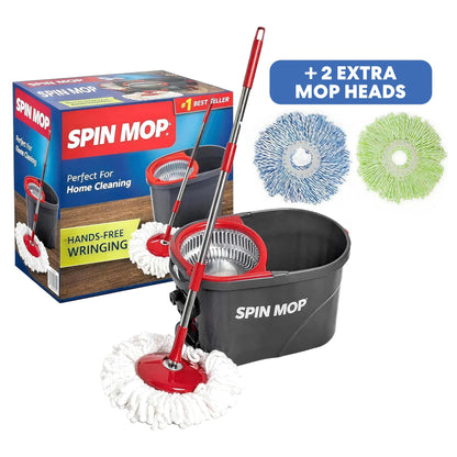 Simpli-Magic 79349 Spin Mop Cleaning System with 3 Microfiber Mop Heads, Red/GRAY,Red/Black