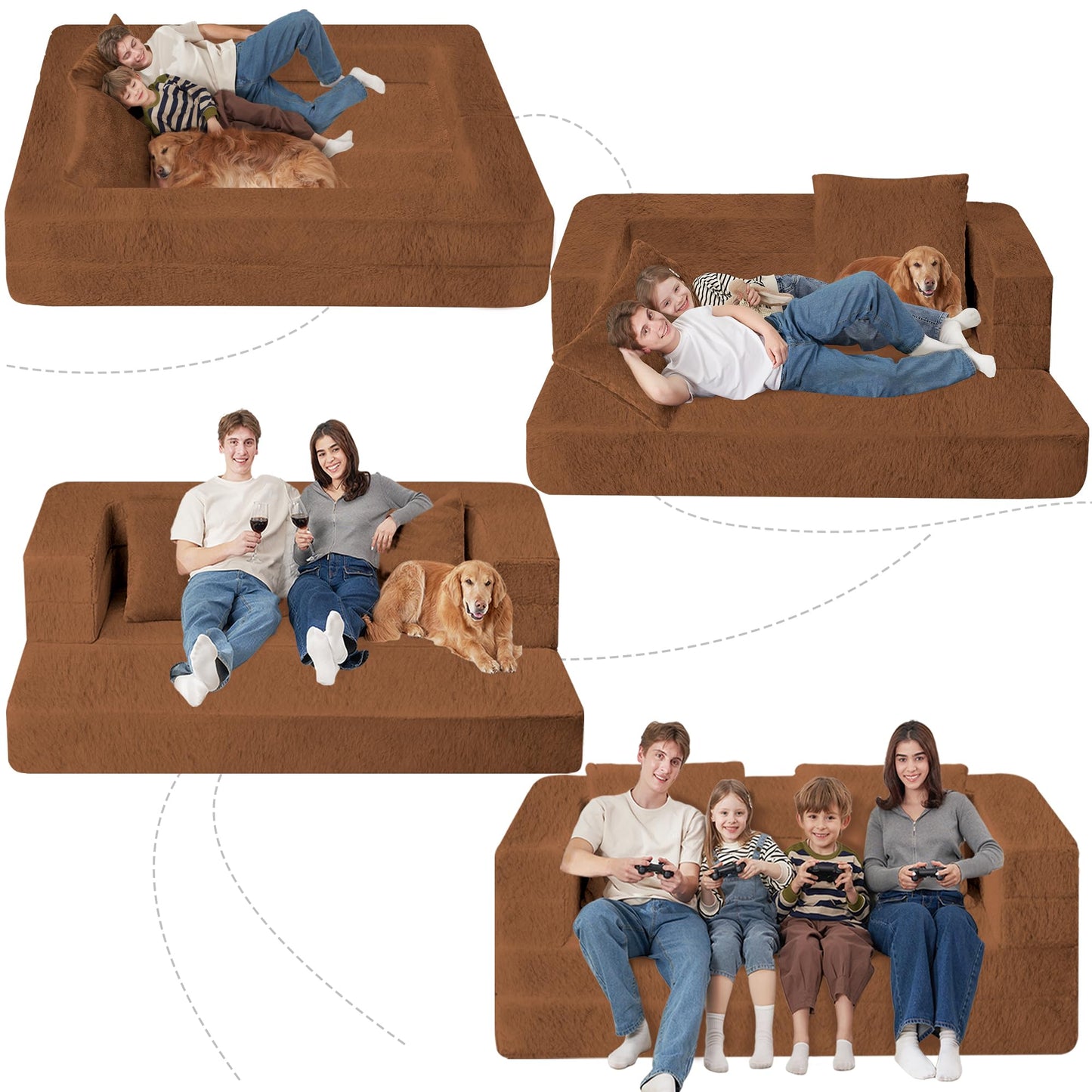 Cansunna Folding Bean Bag Chair for Adults,3-in-1 Bean Bag Couch Faux Fur Floor Sofa Large Beanbag Convertible Bean Bag Sofa Bed with Pillow in Bedroom,Living Room,Apartment(Queen,Caramel)