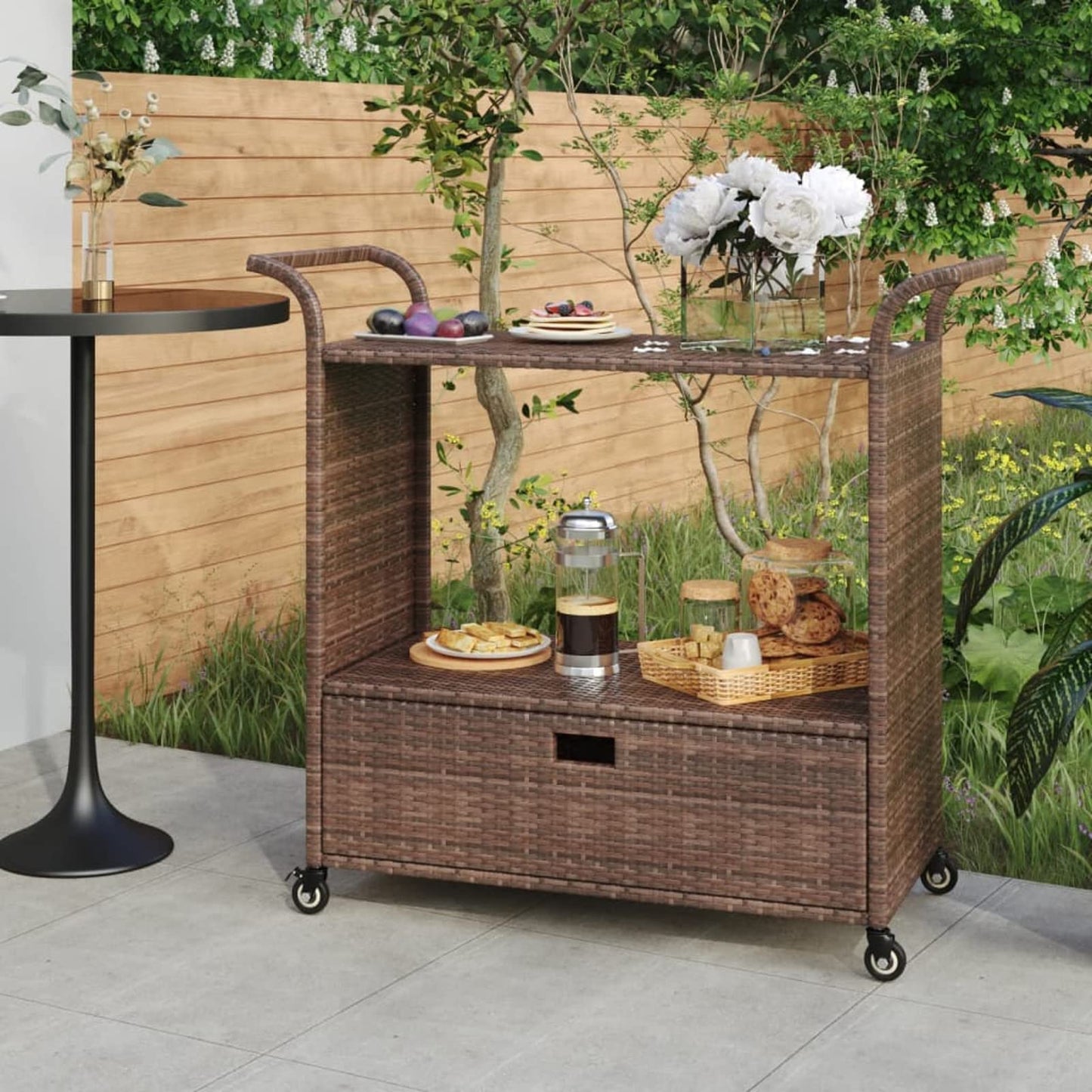 Gecheer Bar Cart with Drawer – Brown Poly Rattan Serving Trolley, 39.4 x 17.7 x 38.2 Inches, Weatherproof, Locking Casters, Sturdy Steel Frame