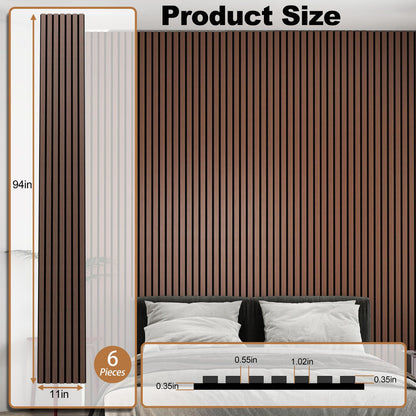 Fivaz 6 Pcs 94" × 11" Wood Panels for Wall, Soundproof Wood Slat Wall Paneling, Stylish Decor Acoustic Wall Panels for Wall and Ceiling, Odor-Free & Easy to Install, Dark Walnut