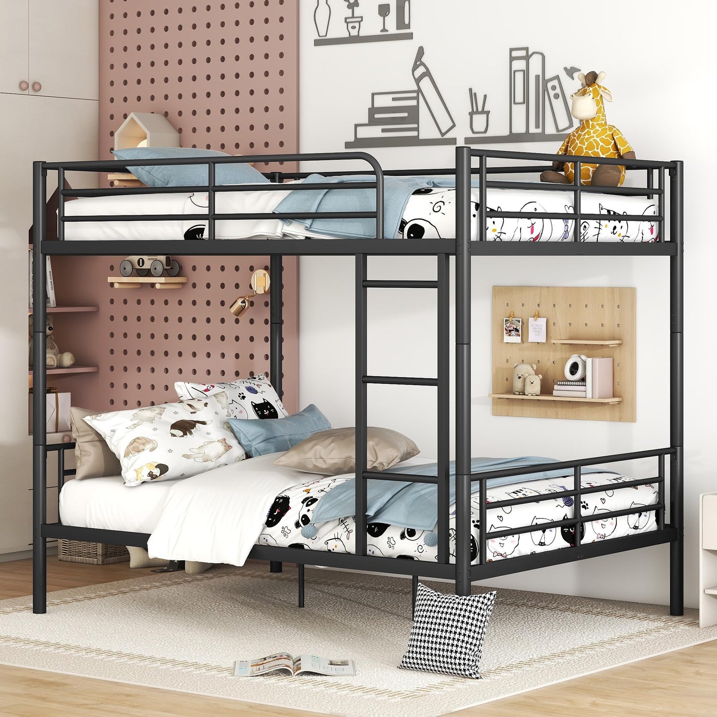 Merax Full Over Full Bunk Bed with Ladder and Guardrails, Black Modern Heavy Metal Bunk Bed Frame for Boys Girls Teens