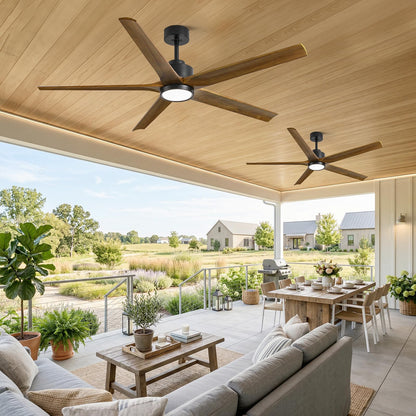 52 Inch Smart Outdoor Ceiling Fan with Light, Alexa/App/Remote Control, 5 Walnut Solid Wood Blades, Modern Farmhouse, Quiet Energy Efficient DC Motor, Damp Rated for Patio Porch Indoor Living Room