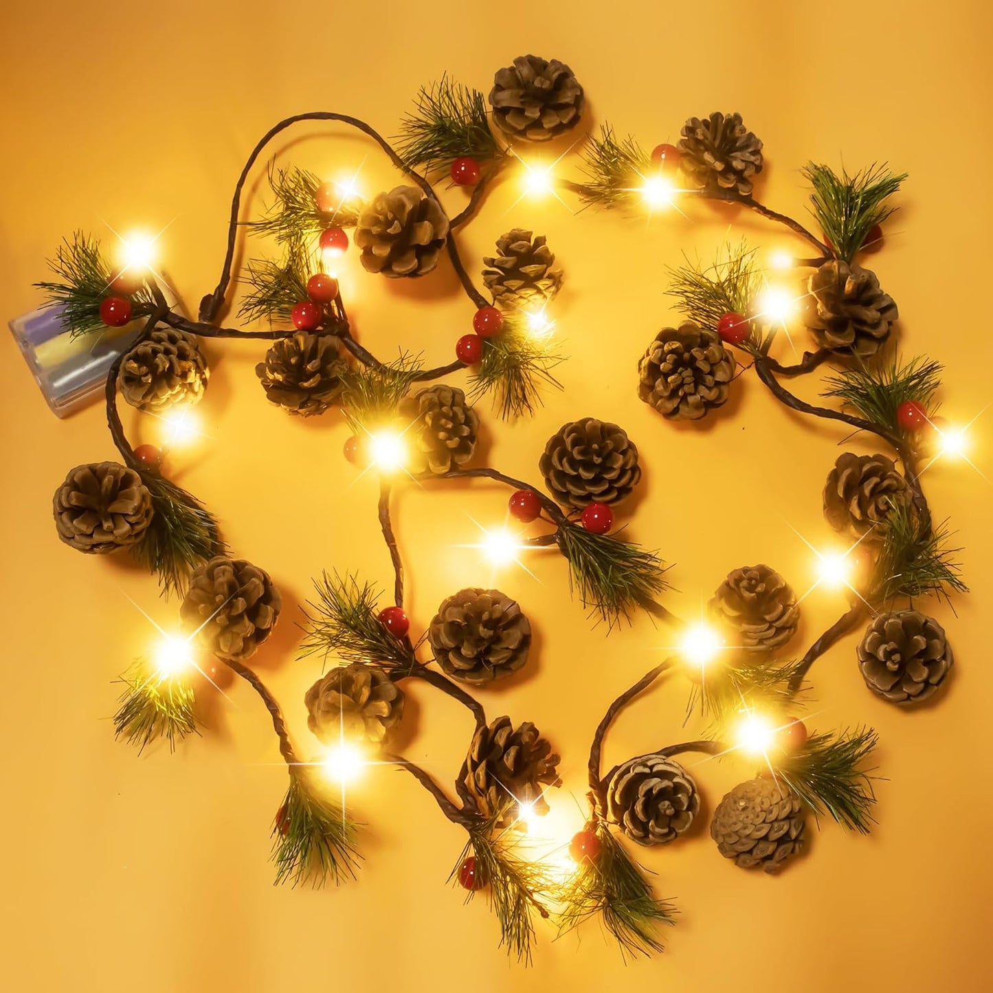 2 6.6 20 PCS Christmas Garland with Lights and Bigger Pine Cones, Led String Lights, Red Berries, Needle, Pine Cone