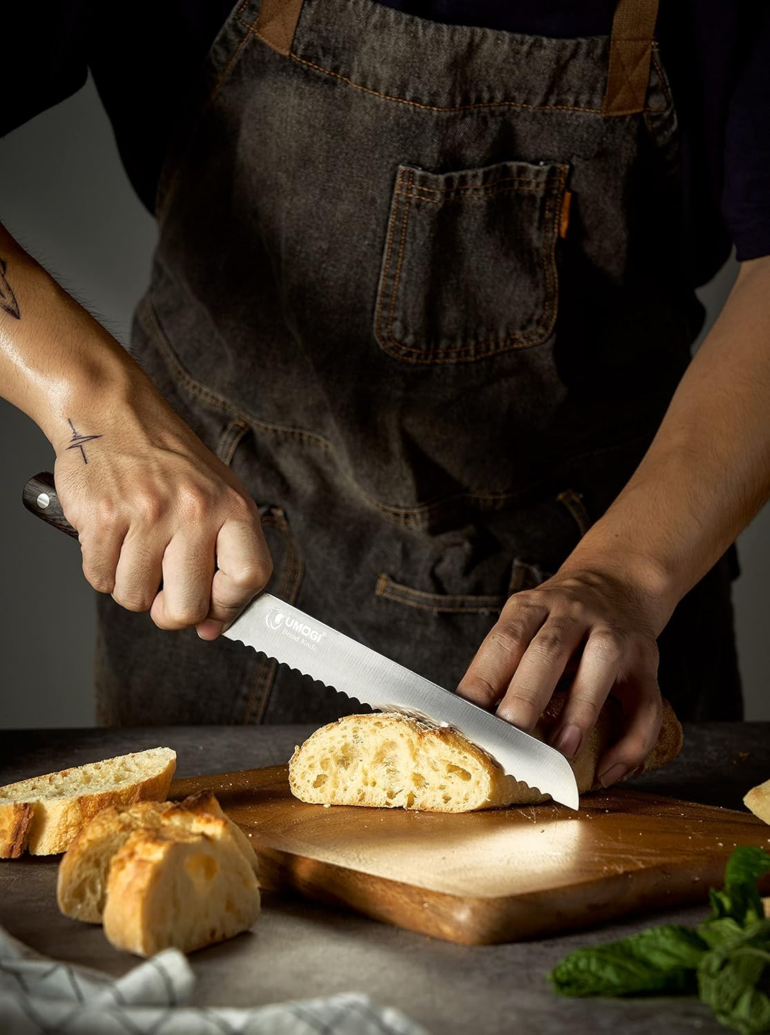 Bread Knife 8 Inch with Sheath, German High Carbon Stainless Steel, Ergonomic Grip Full Tang Wood Handle