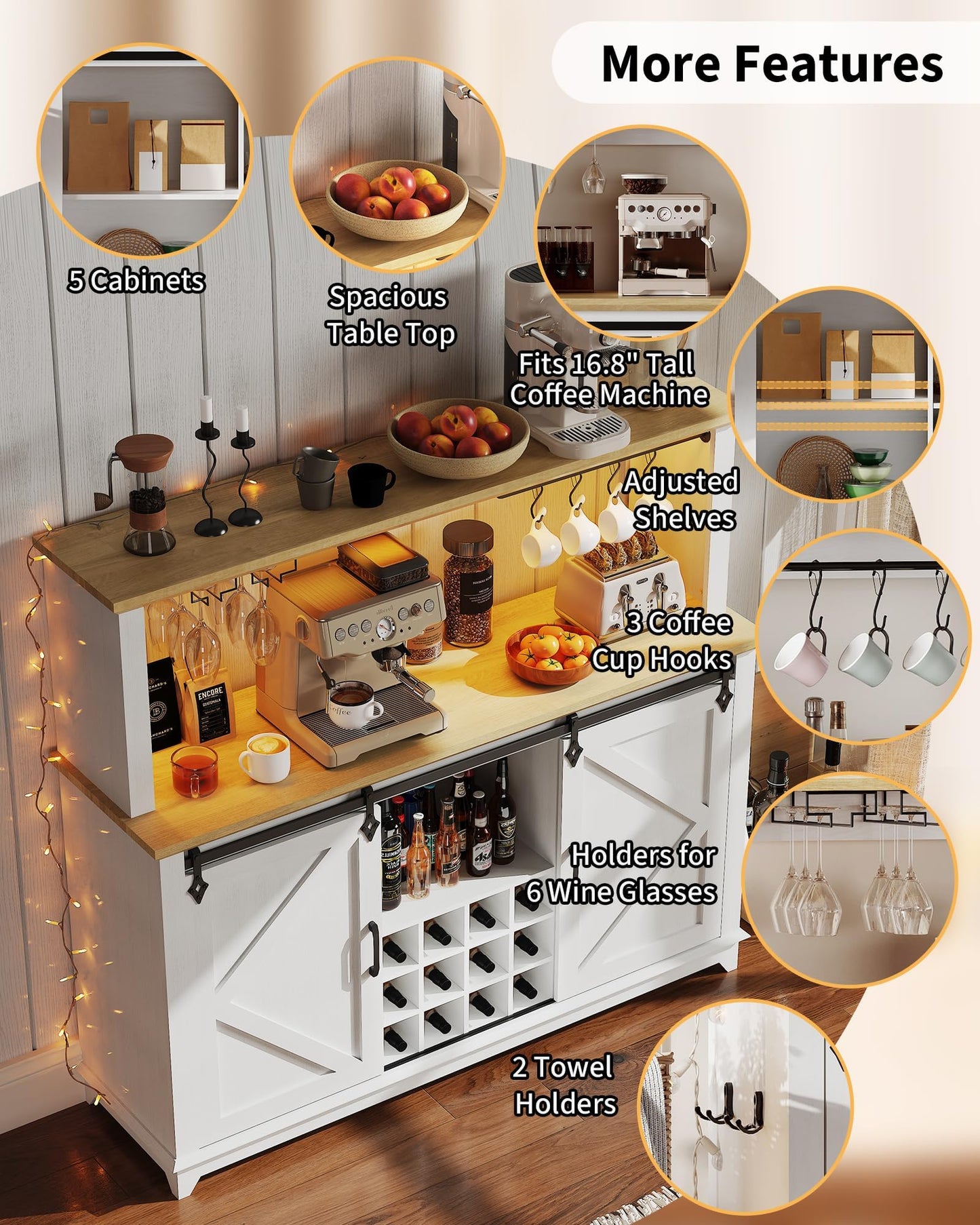 55 in Farmhouse Coffee Bar Cabinet with 3-Mode LED Light and Power Outlet - Large Kitchen Hutch with Sliding Barn Door - Wine Cabinets with Storage Drawers and Wine Glass Rack for Home and Living Rome