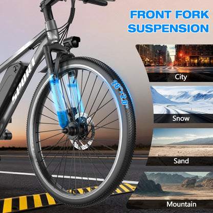 GWEIT Electric Bike for Adults with 1500W Peak Motor, 25MPH 65Miles Electric Mountain Bike with 48V 10AH Removable Battery, 26" Commuting Ebike with 7 Speeds Front Suspension