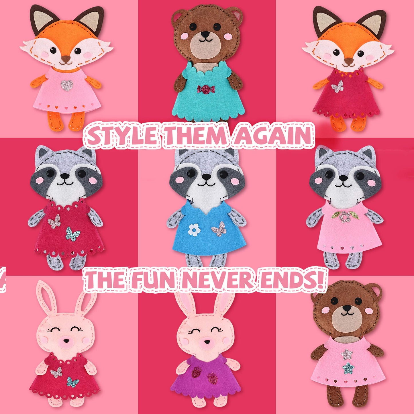 Cymbana Kid Sewing Craft Kit to Make a Friend for Beginner Felt Craft Learn to Sew, Panda Fox Bunny Raccoon Bear 5 Animals