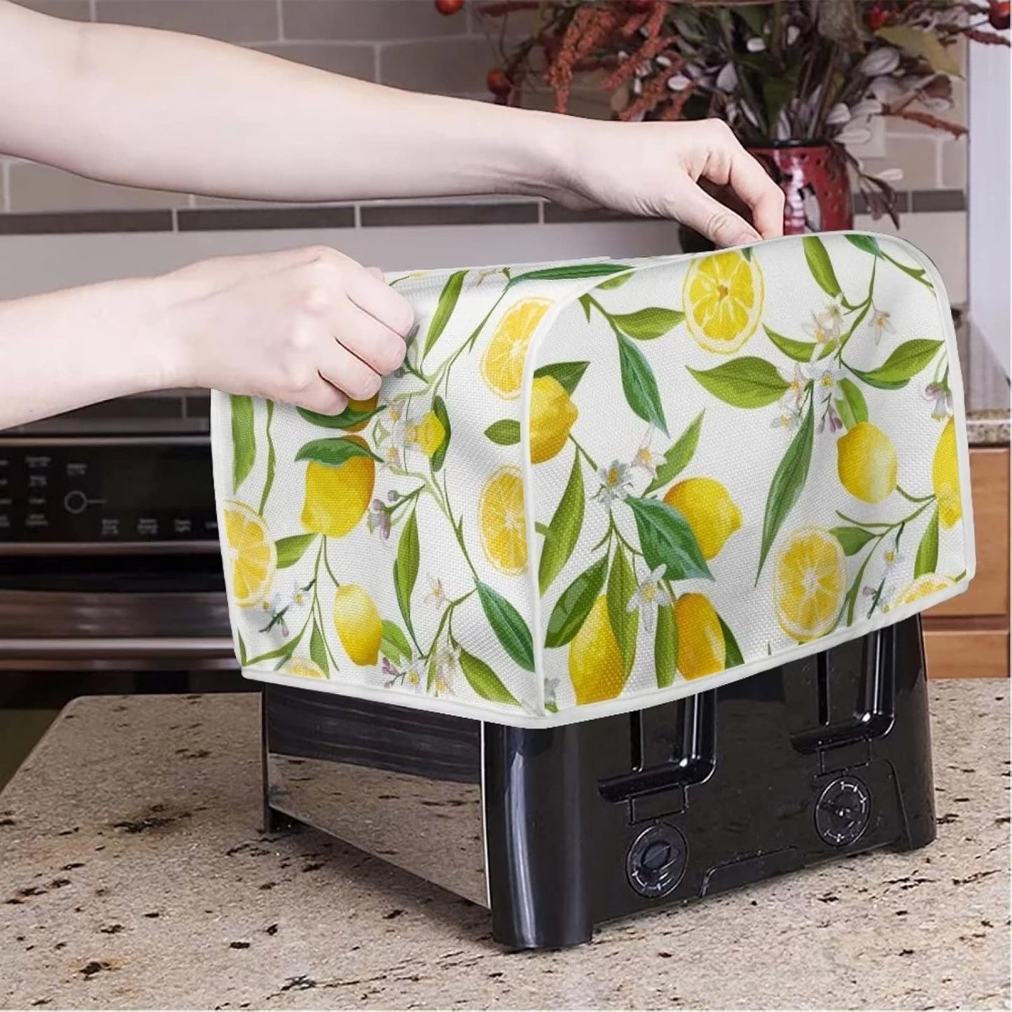 Lemon 2 Slice Toaster Covers - Lightweight Polyester Kitchen Appliance Organizer Bag with Top Hook, Multicolor