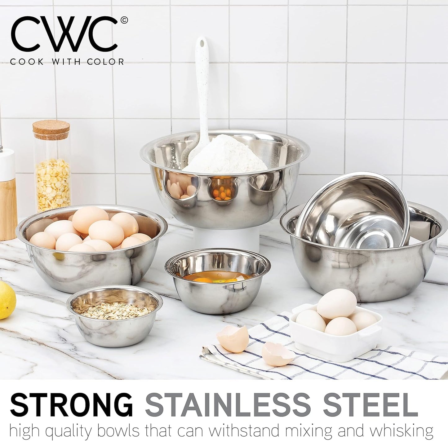 COOK WITH COLOR 6 Piece Stainless Steel Mixing Bowls Set, Nesting Prep and Mixing Bowls
