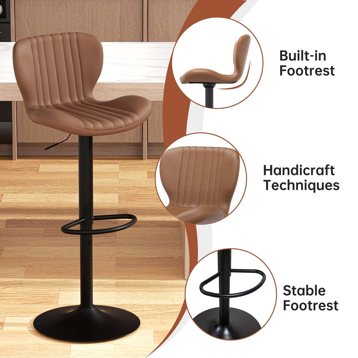 JAMFLY Bar Stools Set of 6, Leather Adjustable Barstools Counter Height Modern Bar Stools, Island Chairs Set of 4 for Kitchen, Brown