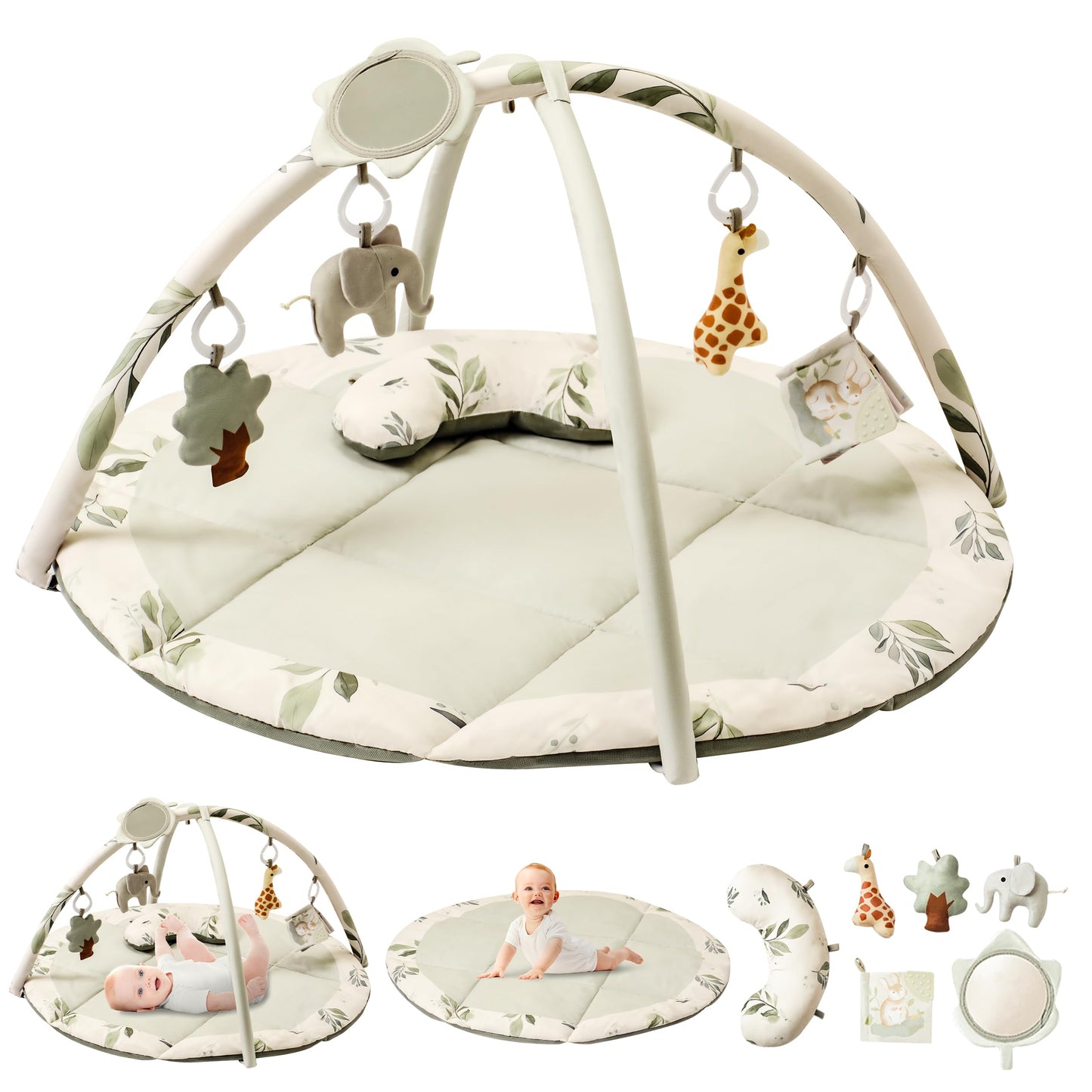 Fortella Baby Play Gym & Activity Mat, Machine Washable & Foldable Tummy Time Mat with 5 Detachable Toys, Certified Safe Newborn Essentials Gift for Baby Registry 0-12 Months (Sage Green)