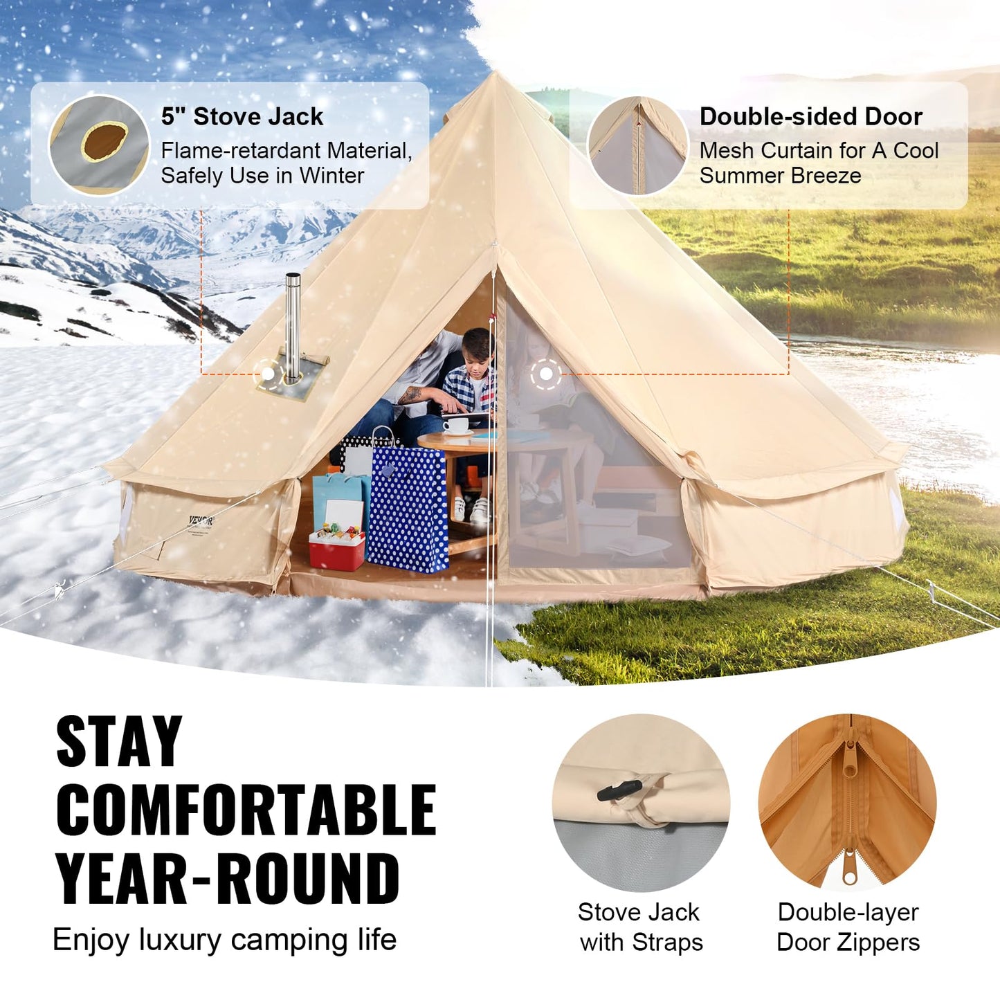 VEVOR Canvas Bell Tent, 4 Seasons 3 m/9.8ft Yurt Tent, Canvas Tent for Camping with Stove Jack, Family Camping Outdoor Hunting Party
