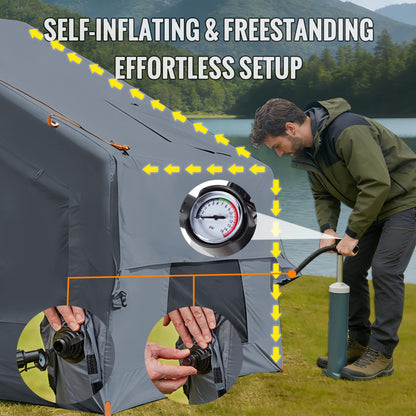 AORZCOR Inflatable Camping Tent with Stove Jack, 2-4 Person, Glamping Tents House, Easy Setup Tent for 4 Seasons, Waterproof Inflatable Hot Tent (Grey)
