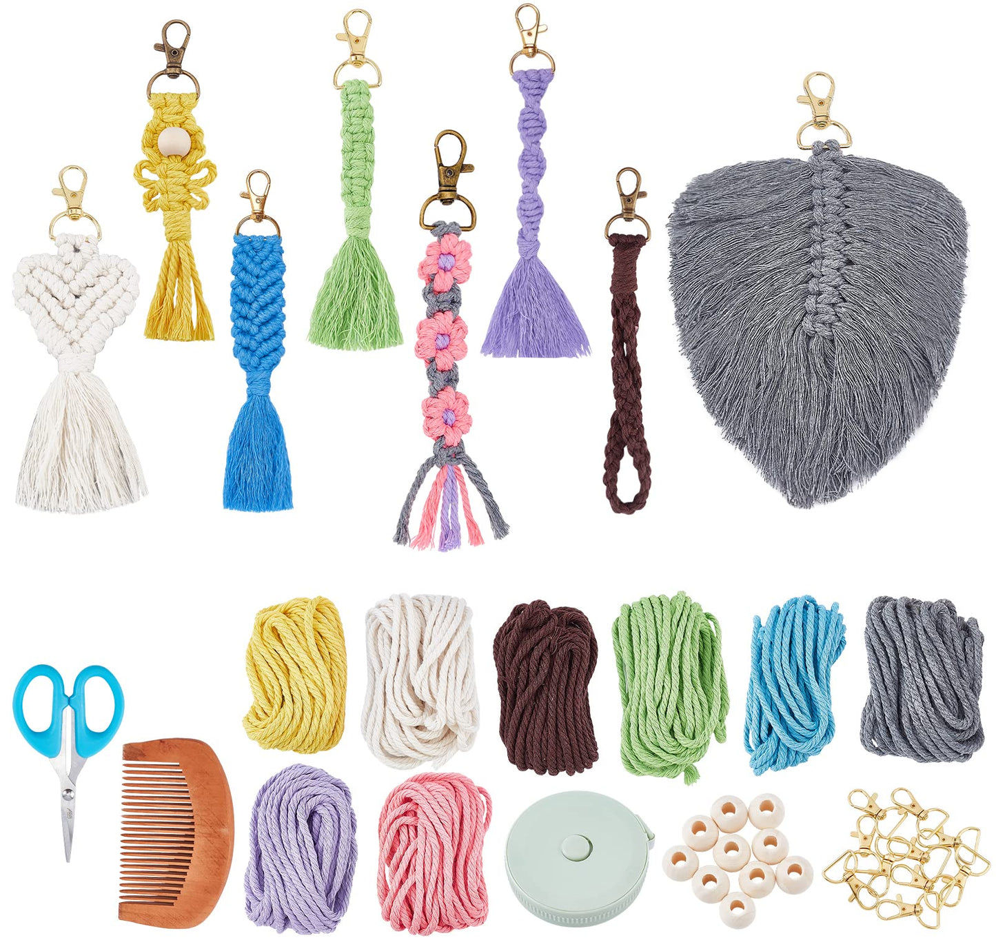 INFUNLY 8 Set Macrame Keychain DIY Kits Mini Boho Keychains Bag Charms Macrame Keychain Bracelet with Tassels for Car Key Purse Phone Instruction Included