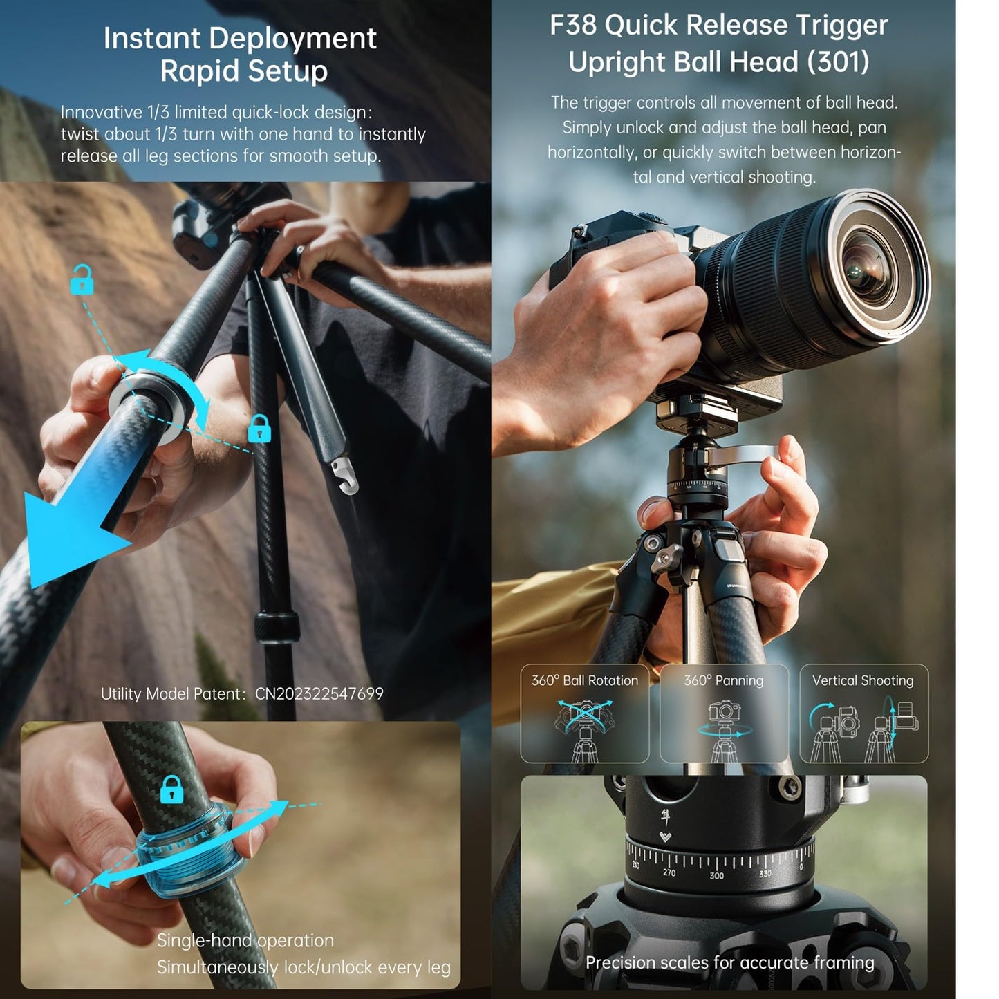 FALCAM TreeRoot Lite F38 Quick Lock Carbon Fiber Travel Tripod with Ball Head Load Capacity 3kg/6.6lbs, Max Vertical Payload 40Kg/88lbs for Cameras (C141K-301)