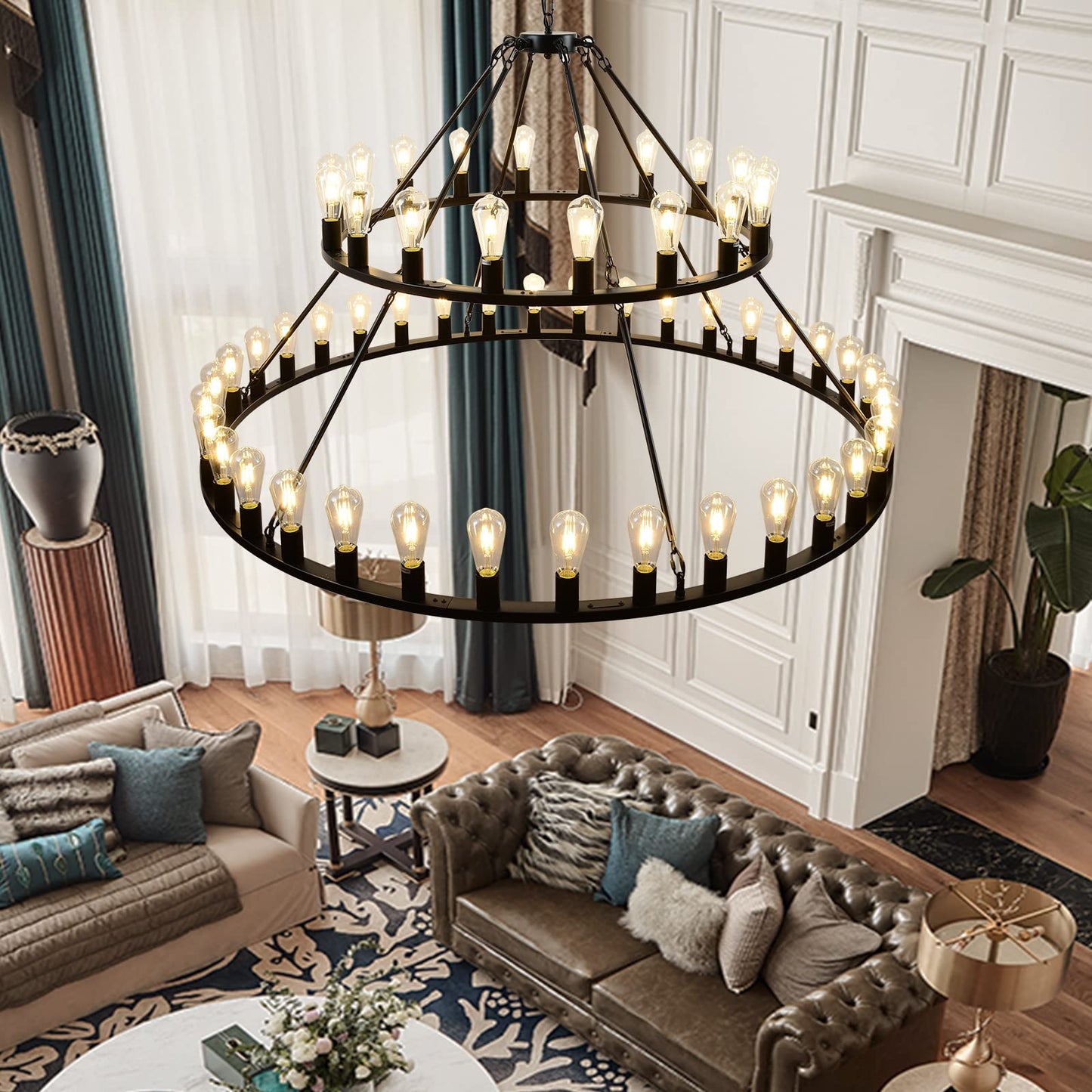WOGON WEEL Wagon Wheel Chandelier 2 Tier 54-Light 60-inch, Farmhouse Industrial Chandelier Black Rustic Pendant Light Fixture Extra Large for High Ceilings, Living Room Foyer